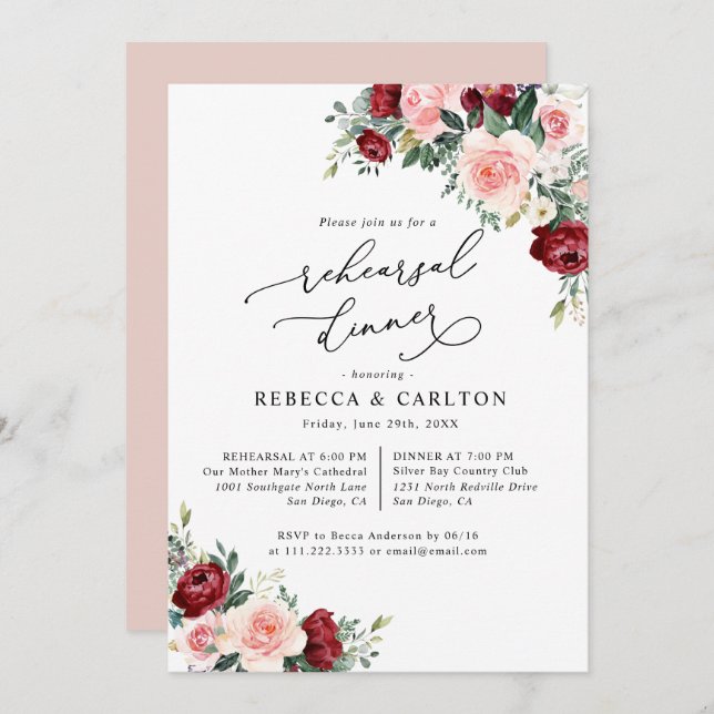 Burgundy Blush Floral Rehearsal Dinner Invitation (Front/Back)