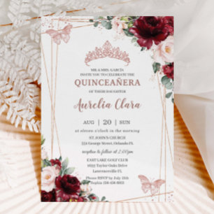 Burgundy Blush Floral Rose Gold Tiara Quinceañera Invitation