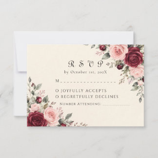 Burgundy & Blush Floral Rose Wedding RSVP Card