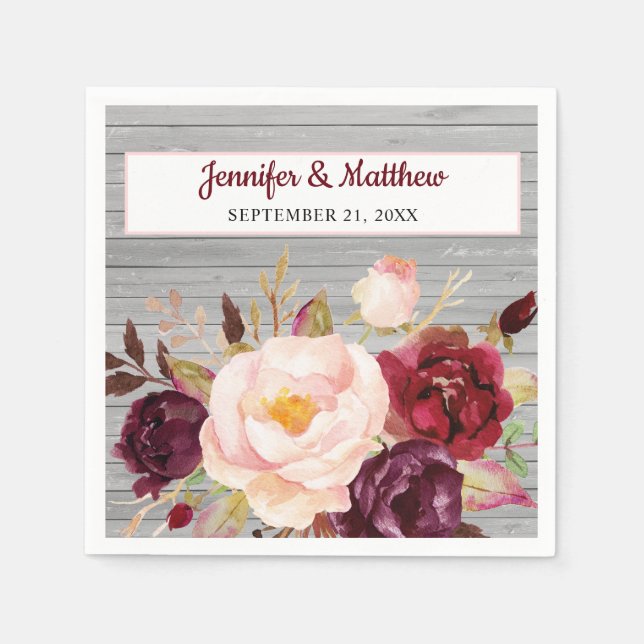 Burgundy Blush Floral Rustic Wedding Paper Napkin (Front)