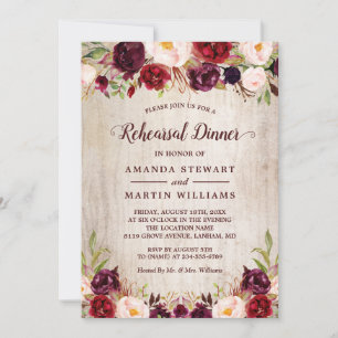Burgundy Blush Floral Rustic Wood Rehearsal Dinner Invitation
