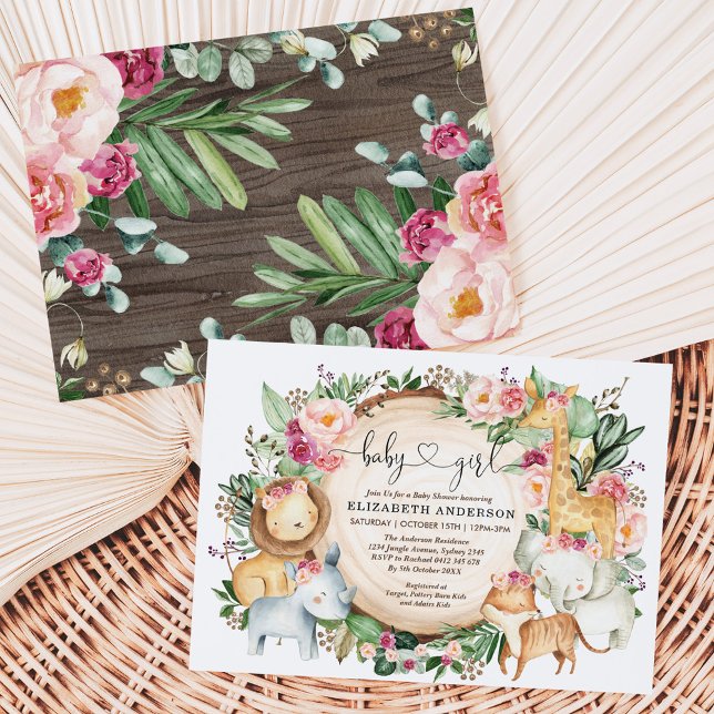 Burgundy Blush Floral Safari Jungle Baby Shower Invitation (Creator Uploaded)
