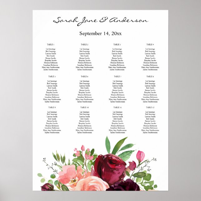Burgundy & Blush Floral Seating Chart (Front)
