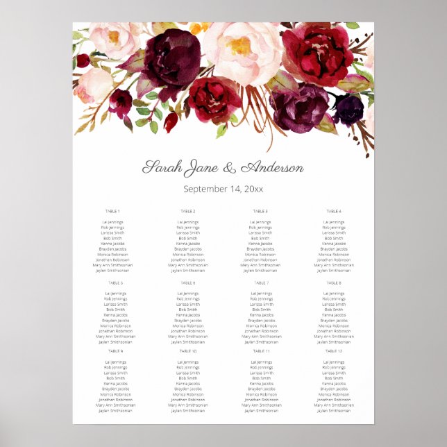 Burgundy Blush Floral Seating Chart 12 White (Front)