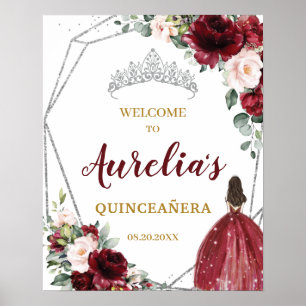 Burgundy Blush Floral Silver Quinceañera Welcome  Poster