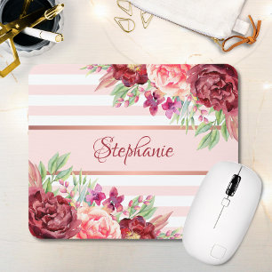 Burgundy Blush Floral Stripes Monogram Name Mouse Pad