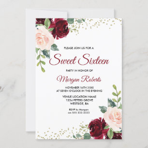 Burgundy Blush Floral Sweet 16 Birthday Invitation