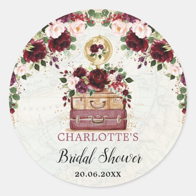 Burgundy Blush Floral Travel Bridal Shower Favours Classic Round Sticker (Front)