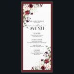 Burgundy Blush Floral Watercolor Script Wedding Menu<br><div class="desc">Create the perfect reception setting with this trendy 4"x 9" menu design featuring a bouquet of burgundy and pale pink flowers and botanical greenery, and is bordered in a rich burgundy red. Personalise your details accented with beautiful modern hand lettered calligraphy. Perfect for, but not limited to, that backyard and...</div>