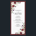 Burgundy Blush Floral Watercolor Script Wedding Menu<br><div class="desc">Create the perfect reception setting with this trendy 4"x 9" menu design featuring a bouquet of burgundy and pale pink flowers and botanical greenery, and is bordered in a rich burgundy red. Personalise your details accented with beautiful modern hand lettered calligraphy. Perfect for, but not limited to, that backyard and...</div>