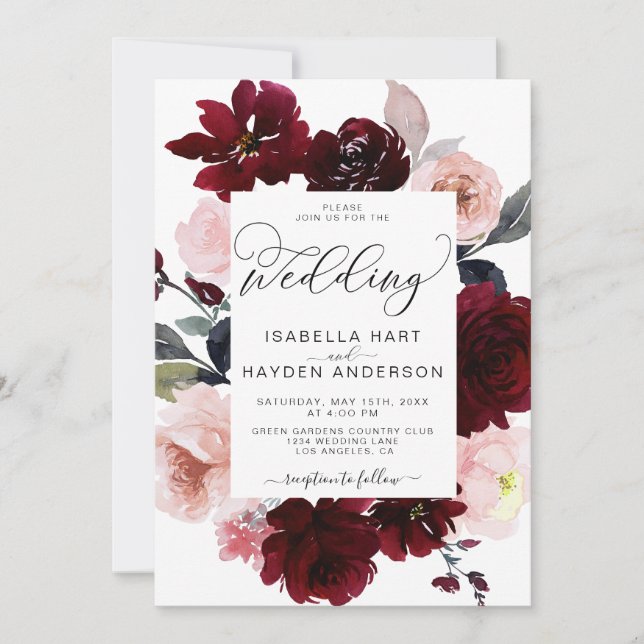 Burgundy Blush Floral Watercolor The Wedding Invitation (Front)