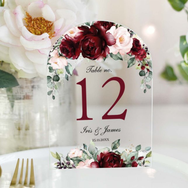 Burgundy Blush Floral Wedding Arch Table Number  (Creator Uploaded)