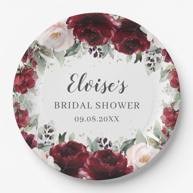 Burgundy Blush Floral Wedding Bridal Baby Shower Paper Plate (Front)