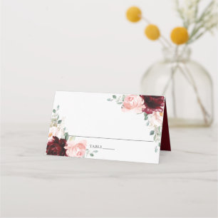 Burgundy Blush Floral Wedding Bridal Guest Name   Place Card