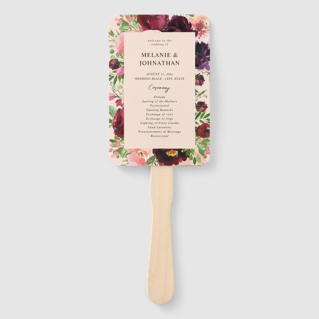 Burgundy & Blush Floral Wedding Ceremony Program 2 Hand Fan (Front)
