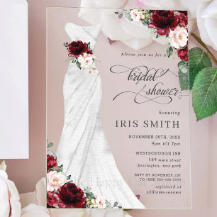 Burgundy Blush Floral Wedding Dress Bridal Shower Acrylic Invitations