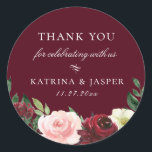Burgundy Blush Floral Wedding Favour Classic Round Sticker<br><div class="desc">Chic watercolor flowers and botanical branches in shades of blush pink,  white,  green and burgundy red,  personalised wedding favour sticker. Background shown in,  burgundy red,  can be customised. Designed to match our Burgundy Blush Botanical Floral Collection.</div>