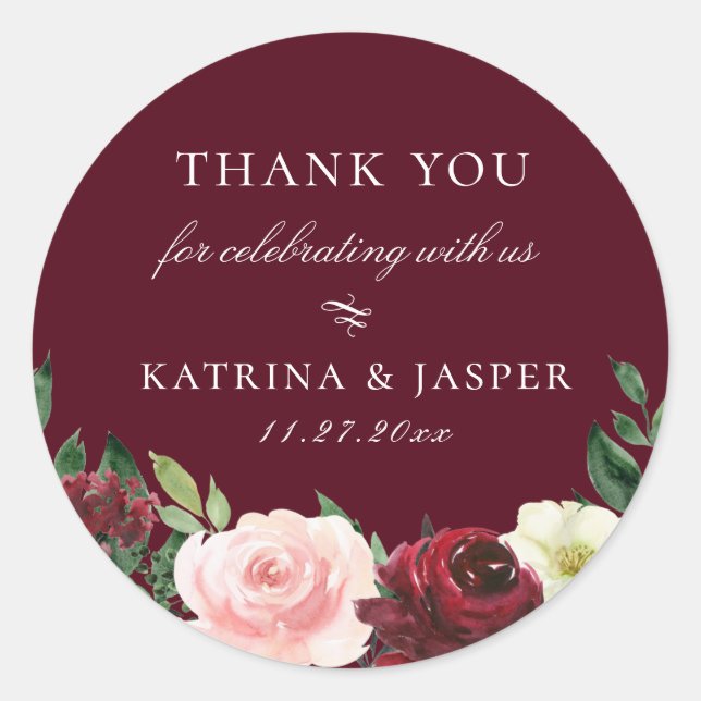Burgundy Blush Floral Wedding Favour Classic Round Sticker (Front)