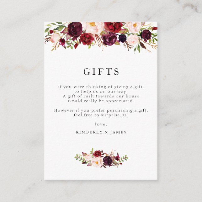 Burgundy & blush floral wedding gifts card (Front)
