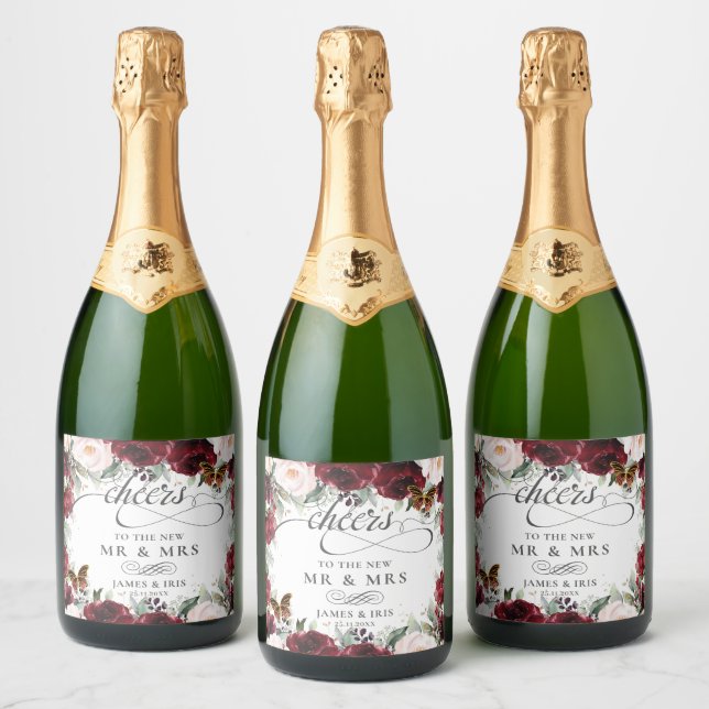 Burgundy Blush Floral Wedding Gold Butterflies  Sparkling Wine Label (Bottles)
