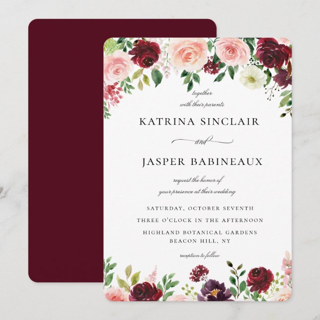 Burgundy Blush Floral Wedding Invitation (Front/Back)