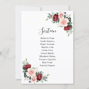 Burgundy Blush Floral Wedding Modern Seating Cards