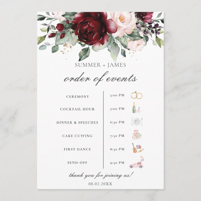 Burgundy Blush Floral Wedding Order of Event  Program (Front)