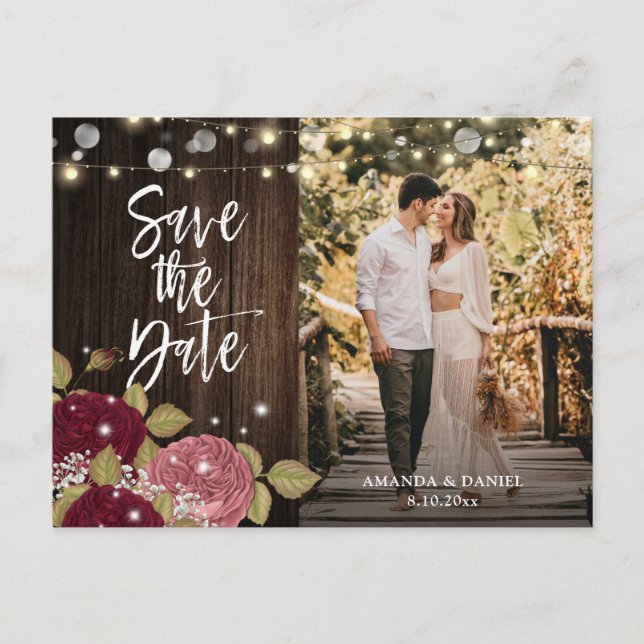 Burgundy Blush Floral Wedding Photo Save The Date Announcement Postcard (Front)