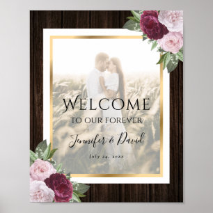 Burgundy Blush Floral Wedding Photo Welcome Sign