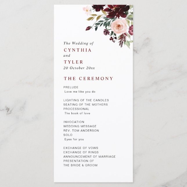 Burgundy & blush floral wedding program (Front)