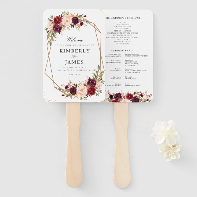 Burgundy & blush floral wedding program hand fan (Front and Back)