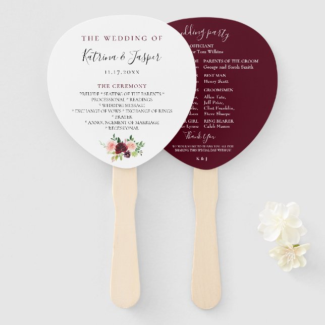 Burgundy Blush Floral Wedding Program Hand Fans (Front and Back)