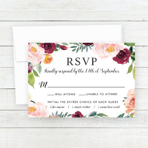 Burgundy Blush Floral Wedding RSVP Meal Choice Card