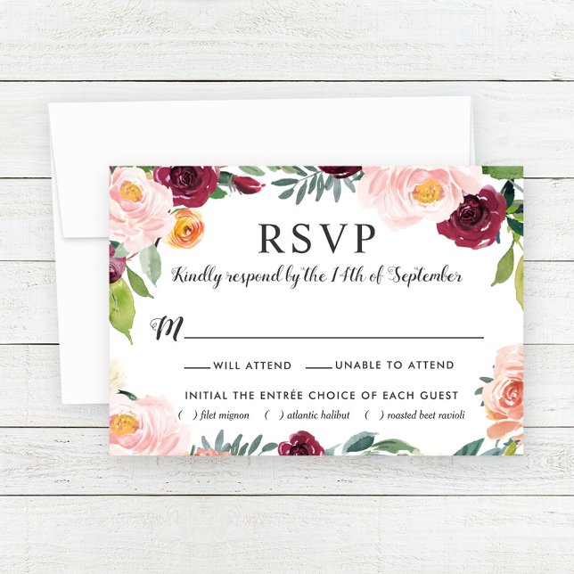 Burgundy Blush Floral Wedding RSVP Meal Choice Card (Creator Uploaded)
