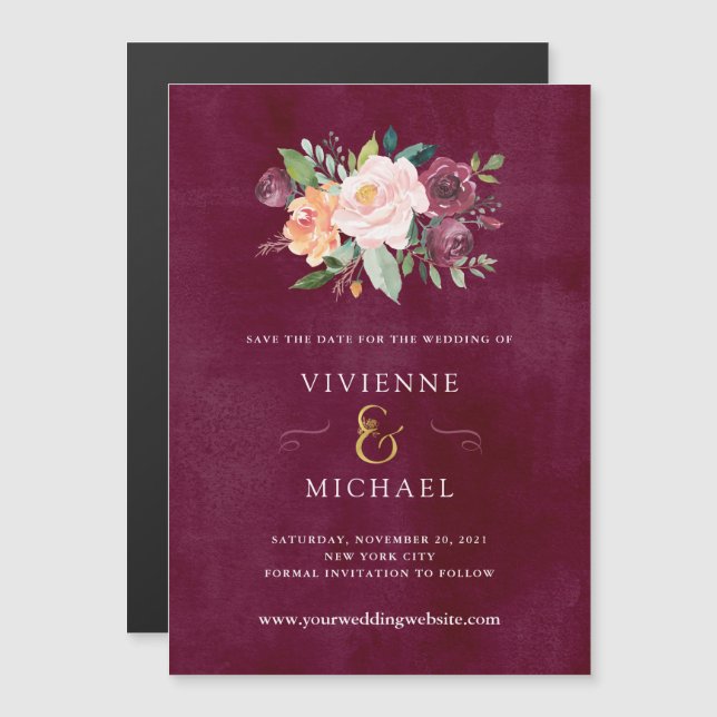 Burgundy Blush | Floral Wedding Save the Date Magnetic Invitation (Front/Back)
