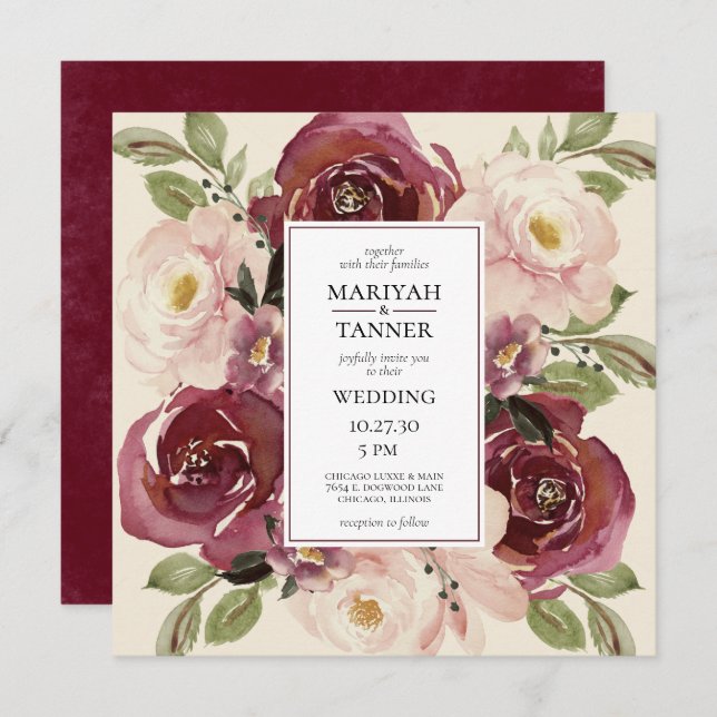 Burgundy Blush Floral Wedding Square Invitation (Front/Back)
