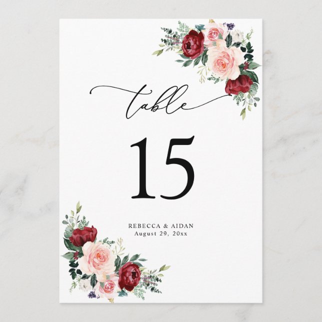 Burgundy Blush Floral Wedding Table Number Cards (Front)