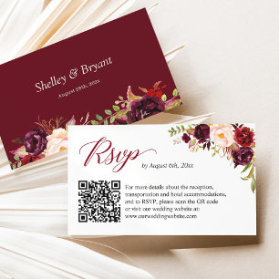 Burgundy Blush Floral Wedding Website RSVP QR Code Enclosure Card