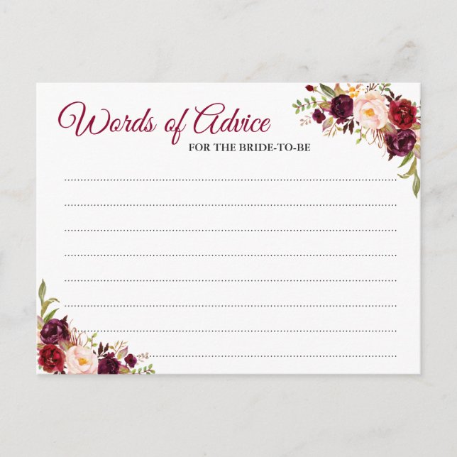 Burgundy Blush Floral Wedding Words of Advice Card (Front)