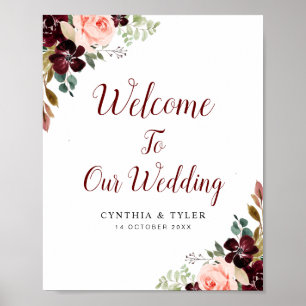 burgundy & blush floral welcome wedding sign