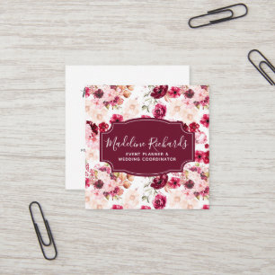 Burgundy & Blush Floral with Social Media Icons Square Business Card
