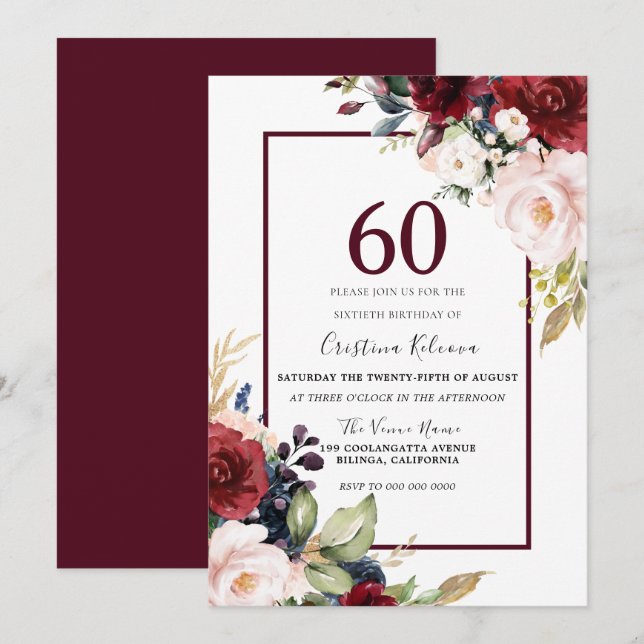 Burgundy Blush Floral Womans Mens 60th Birthday Invitation (Front/Back)