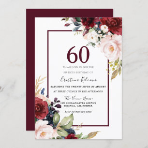 Burgundy Blush Floral Womans Mens 60th Birthday Invitation