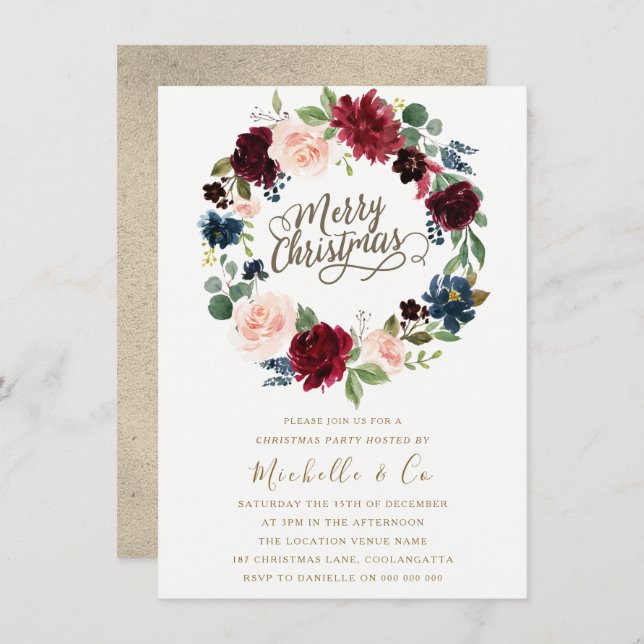 Burgundy & Blush Floral Wreath Christmas Party Invitation (Front/Back)