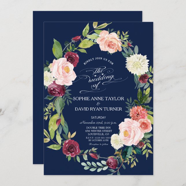 Burgundy Blush Floral Wreath Dark Blue Wedding Invitation (Front/Back)