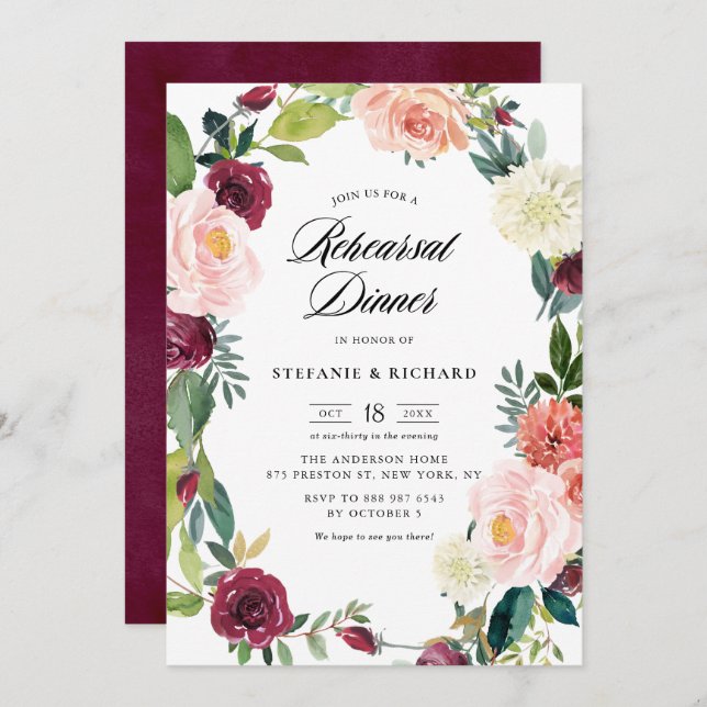 Burgundy Blush Floral Wreath Fall Rehearsal Dinner Invitation (Front/Back)
