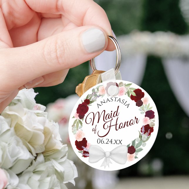 Burgundy Blush Floral Wreath Maid of Honour Weddin Key Ring (Creator Uploaded)