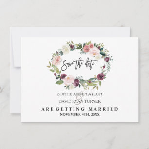 Burgundy Blush Floral Wreath Navy Blue Wedding Save The Date