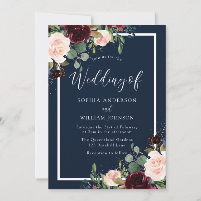 Burgundy & Blush Flowers Blush Wedding Invitation (Front)