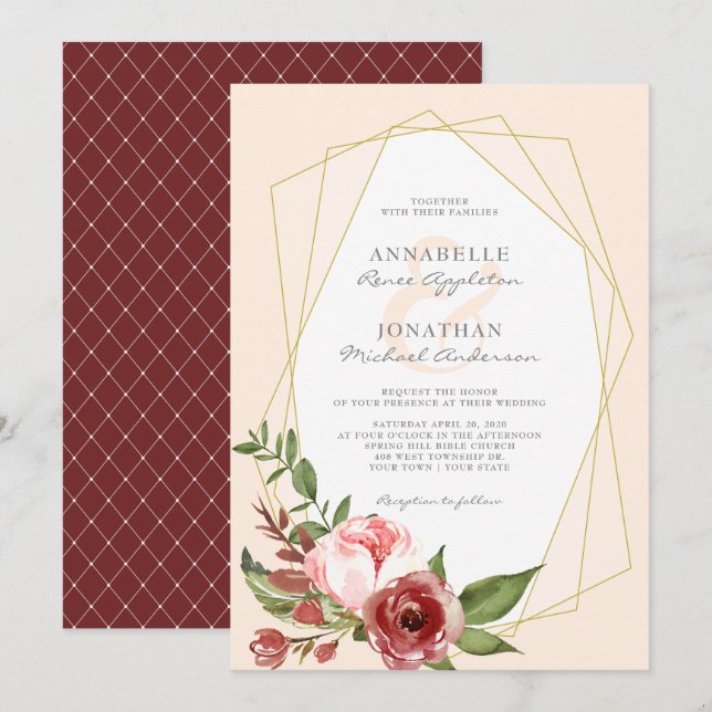 Burgundy Blush Flowers Botanical Geometric Wedding Invitation (Front/Back)
